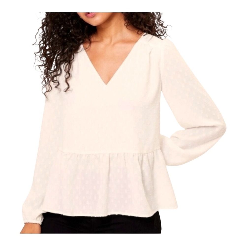 LOFT Blouse Womens‎ S White Clip Dot V-Neck Peplum Long Balloon Sleeve Top